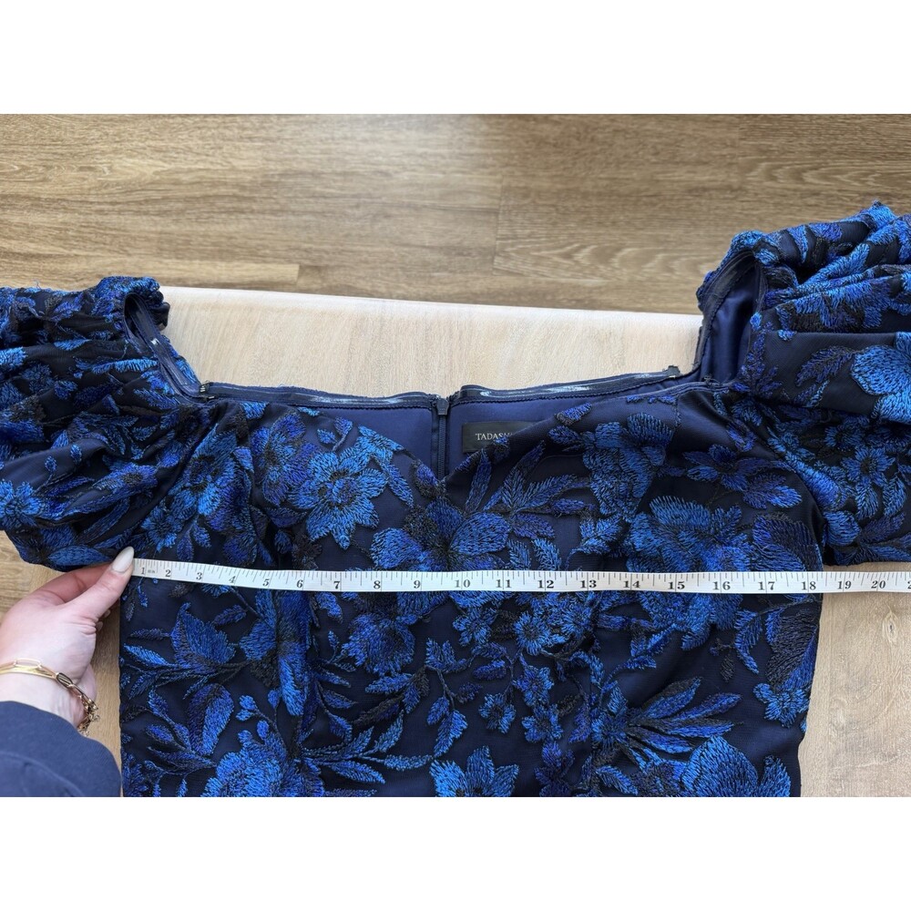Tadashi Shoji Embroidered Floral Off-The-Shoulder Midi Dress Blue Black Size 14 - Picture 7 of 10